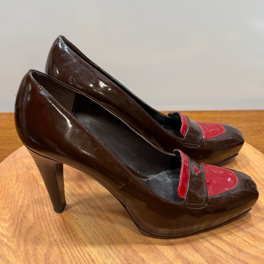 Italian Leather Brown Red Patent Cap Toe Block Heel Pumps Loafer Shoes Size 38